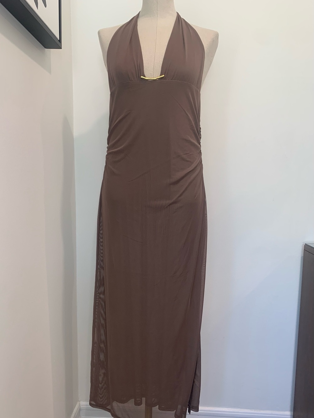NWT Caroline Constas Women’s Brown Salma Halter Midi Coverup Dress. Size XS